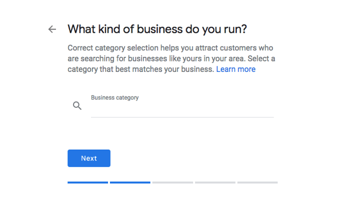 Google My Business step 4 is to select the type of business you run