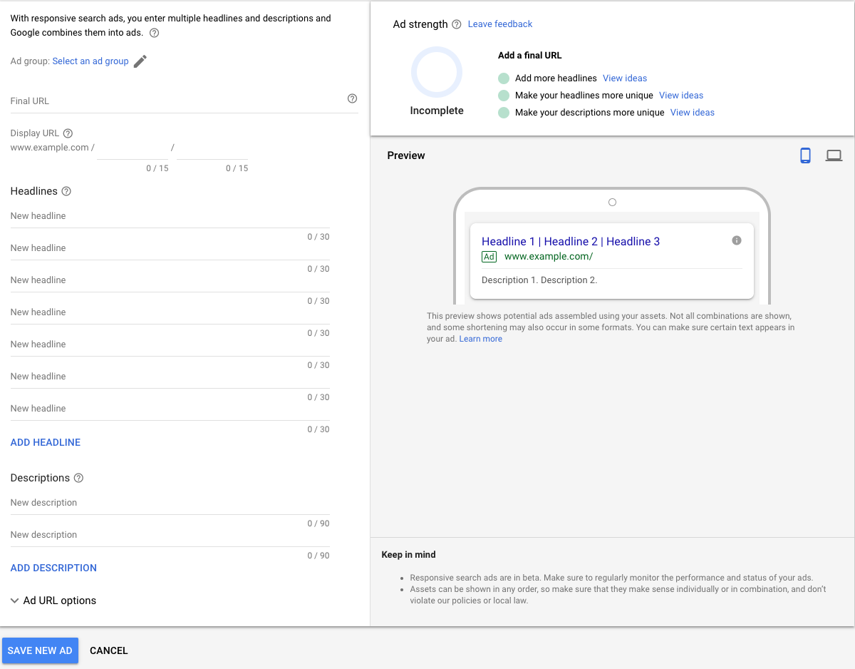 Google ads response search preview screen