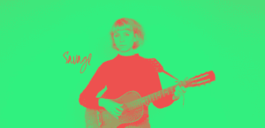 Woman playing guitar duotoned, the background is green and she is red