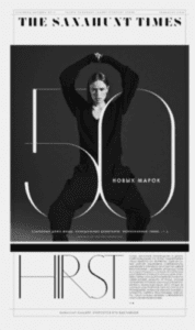 Magazine spread with a women laced in between the number 50.