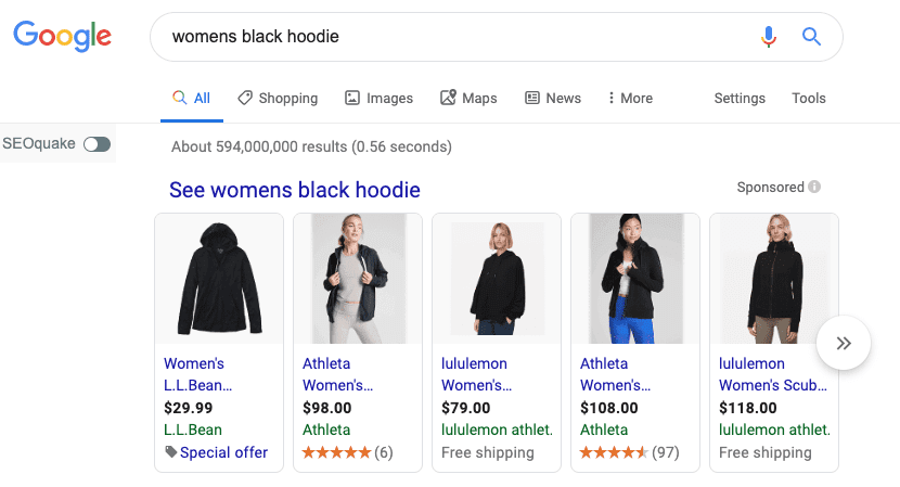 Google shopping Ads example with black hoodies