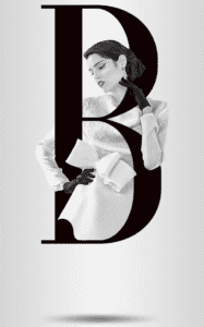 Women in a white dress overlaid with the letter B